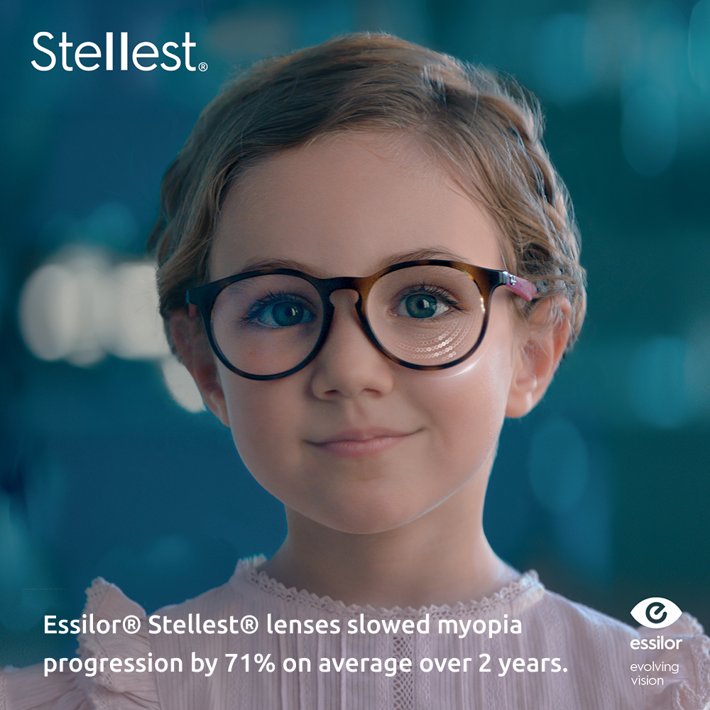 Little girl wearing Essilor Stellest glasses